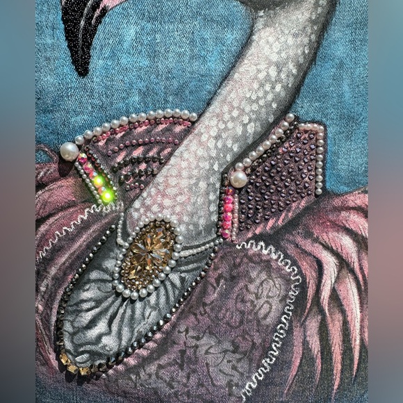 Victorian flamingo handpainted rhinestones cropped denim TGLA Jean jacket sz LG - Picture 10 of 16